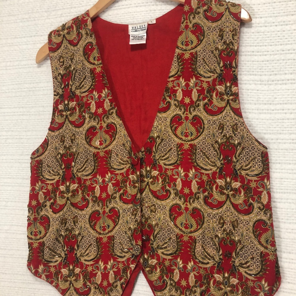 Halsey Collection Paisley Vest Tapestry Sleeveless Jacket Party Red‎ Gold L